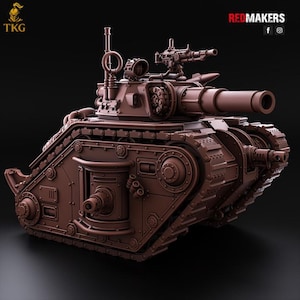 May include: A detailed brown model tank with a large cannon, machine guns, and intricate mechanical details. The tank has visible tracks and various components, including an antenna and multiple hatches. The image is set against a dark background.