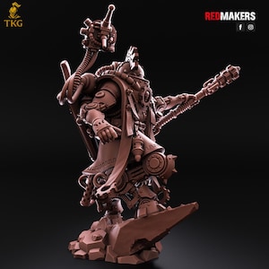 May include: A brown miniature figure of a futuristic warrior, holding a staff and a mace. The figure has intricate mechanical details and armour, standing on a rocky base. The Redmakers logo is visible.
