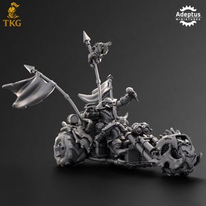 May include: A detailed gray miniature of a fantasy character riding a three-wheeled vehicle. The vehicle has a skull-shaped front, flags, and a spear. The miniature is from Adeptus Miniatures.