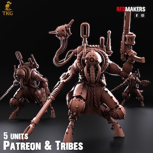 May include: A group of five brown, futuristic robot figures, each with detailed mechanical designs and weaponry. The figures are posed dynamically, with the text "5 UNITS PATREON & TRIBES" at the bottom. The Red Makers logo is in the top right corner.