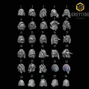 May include: A collection of 30 detailed, gray-colored miniature helmet designs, each with unique features like horns, spikes, and intricate textures. The helmets are numbered and arranged on a dark background. The Greytide Studio logo is in the upper right corner.