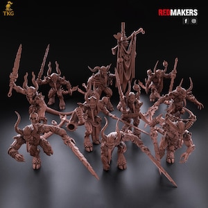 May include: A collection of brown fantasy miniatures, including horned demons with swords and a banner-carrying figure. The figures have detailed features and are posed dynamically. The image includes the text "REDMAKERS".