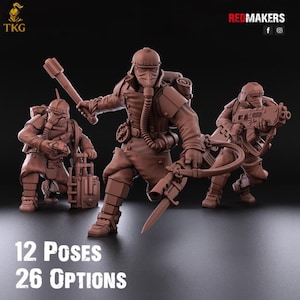 Może przedstawiać: Trzy brązowe miniaturowe figurki w pozach bojowych, w hełmach i maskach gazowych, trzymające broń. Figurki są ustawione na ciemnym tle. Tekst na dole brzmi "12 POZY 26 OPCJI."