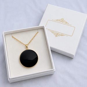 Black Onyx Round Pendant Necklace – Elegant Gold Framed Statement Jewelry for Women | Minimalist Luxury Gift for Her | Timeless Everyday