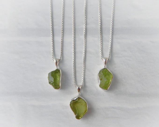 Raw Peridot Necklace, Natural Green Gemstone Pendant, August Birthstone, Handmade Silver Chain Jewelry