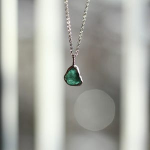 Raw Emerald Silver Necklace: Green Crystal May Birthstone Pendant