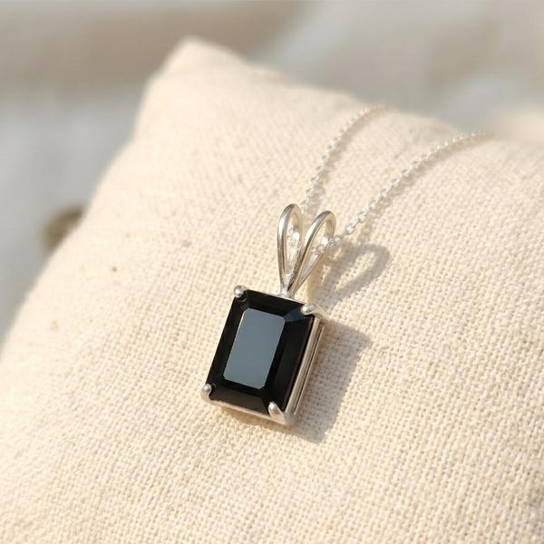 Black Onyx Rectangle Pendant Necklace, Dainty Silver Chain, Minimalist Protection Stone