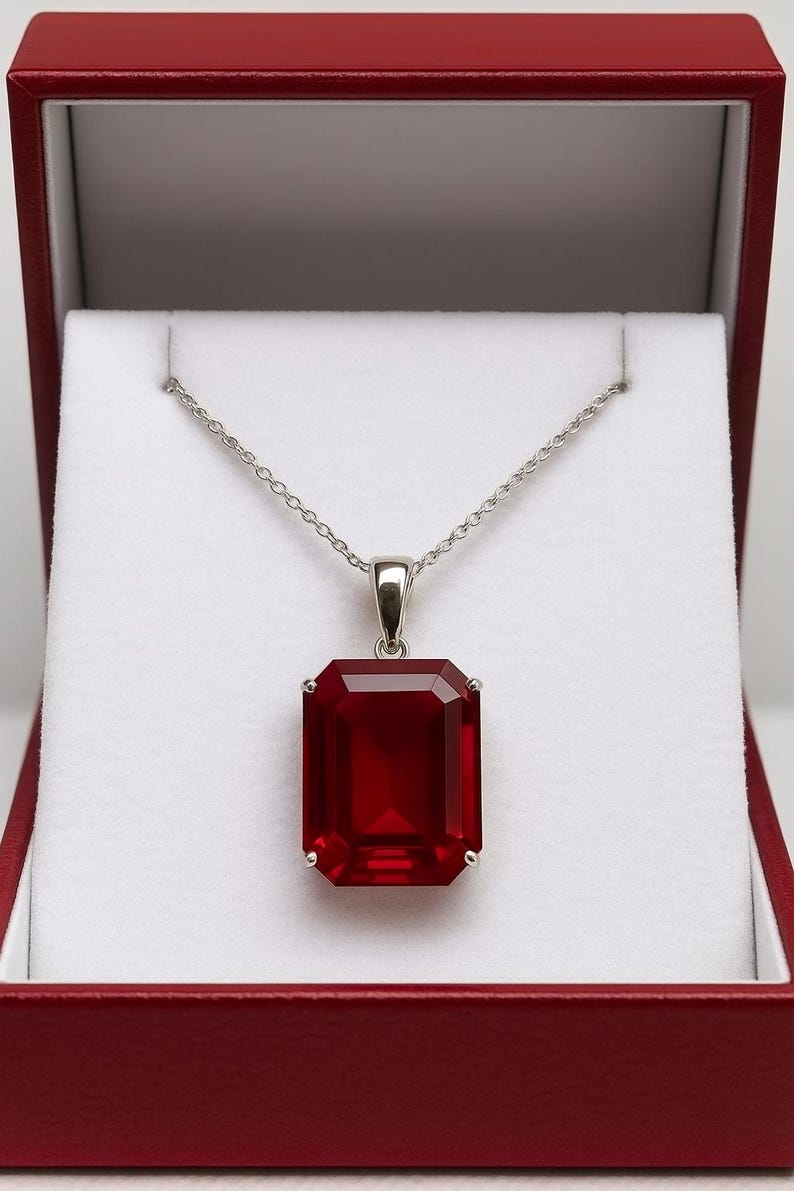 May include: A silver necklace featuring a large, rectangular, deep red gemstone pendant. The pendant is set in a silver bezel and is presented in a red jewellery box with a white interior. The necklace chain is delicate.