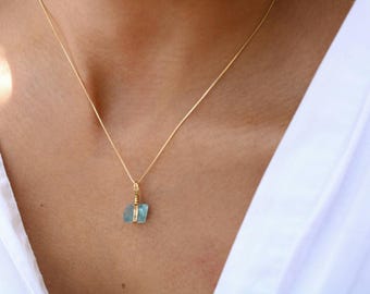 Raw Aquamarine Necklace | Natural Aquamarine Crystal Pendant | Gold Plated Chain | March Birthstone Jewelry