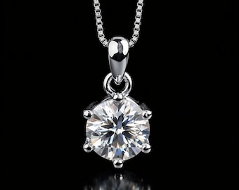 Lab Grown Diamond Solitaire Necklace Round Cut Pendant, Minimalist Silver Necklace