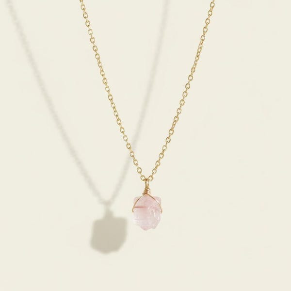 Raw Rose Quartz Necklace • Gold Chain Crystal Pendant • Healing Love Stone Jewelry