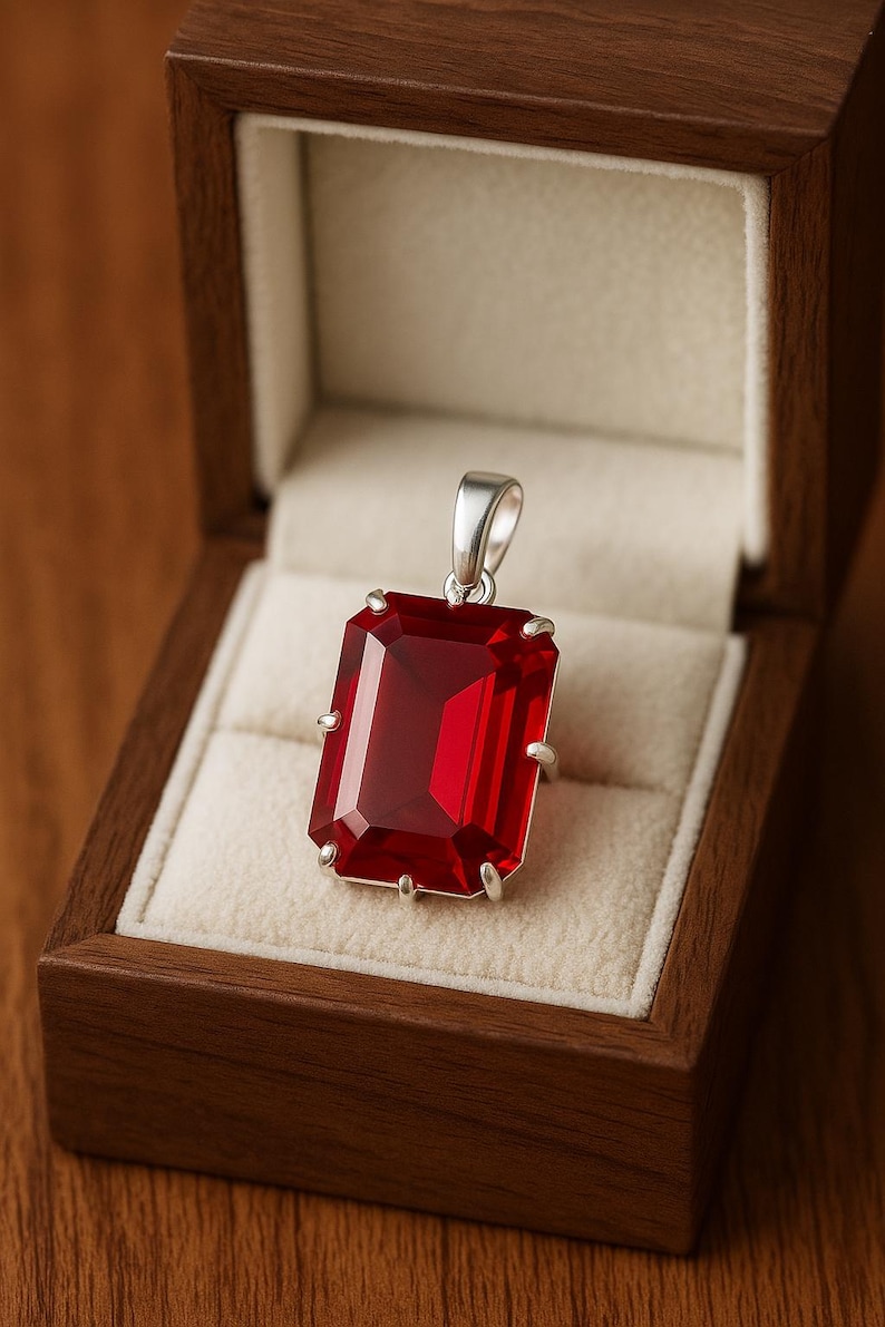 May include: A rectangular, deep red gemstone pendant with a silver setting. The pendant is displayed inside a wooden jewellery box with a cream-coloured interior. The gemstone is approximately 2.5 cm in length.