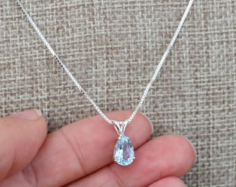 Aquamarine Teardrop Pendant Necklace: Silver Finish Dainty Gemstone