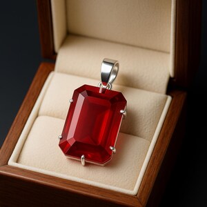 May include: A rectangular, faceted red gemstone pendant with a silver bail, presented in a wooden jewellery box with a cream-coloured interior. The pendant is a deep, vibrant red colour.
