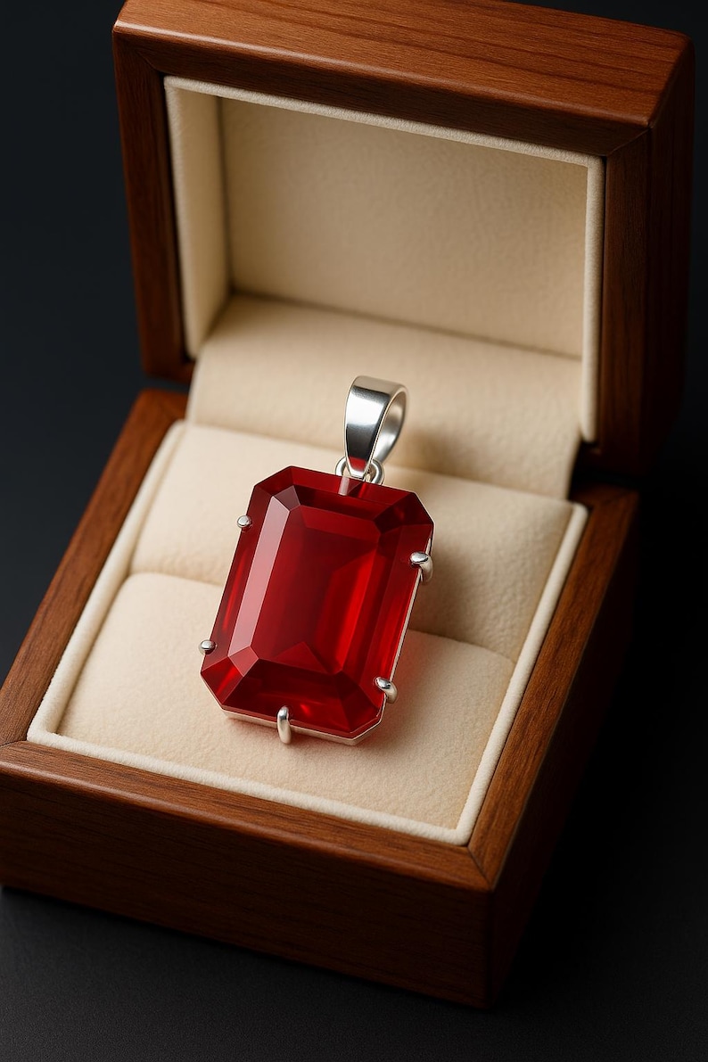 May include: A rectangular, faceted red gemstone pendant with a silver bail, presented in a wooden jewellery box with a cream-coloured interior. The pendant is a deep, vibrant red colour.