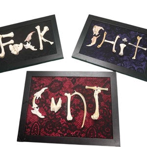 May include: Three framed artworks with black frames. Each frame contains a word spelled out using bone fragments. The words are "F*ck", "Sh*t", and "C*nt". The backgrounds are black, purple, and red lace.