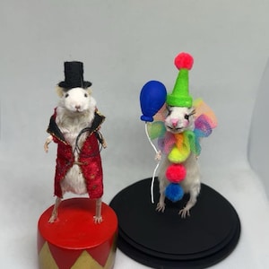 May include: Two white mice dressed in circus attire. One mouse wears a red and black ringmaster coat and a black top hat, standing on a red and gold drum. The other mouse is dressed as a clown, holding a blue balloon and wearing a green hat.