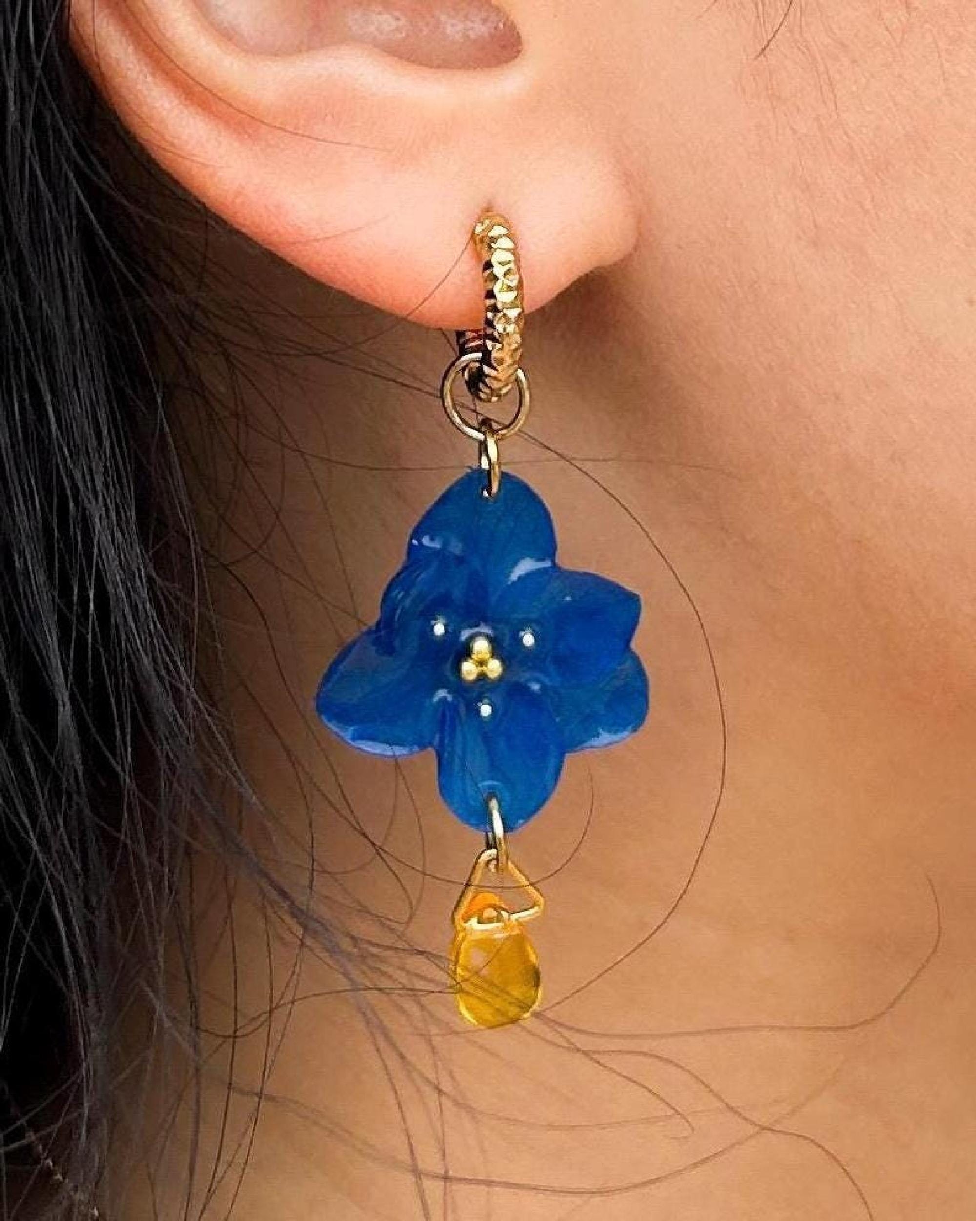 Margerita Fleurs Boucles dorées à l'or fin Murano Bleu Turquoise – Labelle Ikeya Création Originale