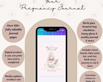 Digitaal zwangerschapsjournaal | Bewerkbare Canva-zwangerschapsplanner | Bumptracker, geboorteplan en wekelijkse aanwijzingen | Boek met aandenken voor baby