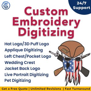 May include: Image promoting custom embroidery digitizing services. Text includes "Custom Embroidery Digitizing" and service types like "Hat Logo/3D Puff Logo" and "Wedding Crest." A skull wearing a tricorn hat and a bandana with the American flag design is also shown.