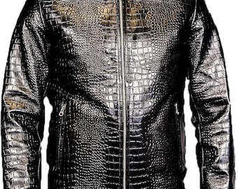 May include: Black leather jacket with a crocodile skin effect. The jacket features a collared neckline, a full-length zip, and two side pockets. The sleeves have buttoned cuffs. A classic style.