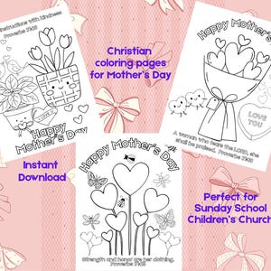 Può includere: Tre pagine da colorare in bianco e nero con la scritta "Happy Mother's Day" e temi cristiani. Una presenta fiori, un'altra un bouquet di cuori e la terza, cuori e insetti. Il testo include "Download istantaneo".