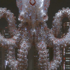 Puede incluir: Una brillante escultura de pulpo, cubierta de joyas con detalles rojos. El fondo es un paisaje urbano borroso. Los tentáculos de la escultura son detallados, y el efecto general es glamuroso y llamativo.