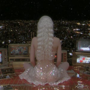 May include: A person with long, white hair sits surrounded by vintage televisions. The person wears a sparkling, light-colored outfit. The background shows a cityscape at night with twinkling lights, and a starry sky.