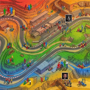 May include: An illustrated race track scene with colourful cars, people, and buildings. The track winds through a canyon with spectators in the stands. Portraits of a dog and two people are placed on the track.