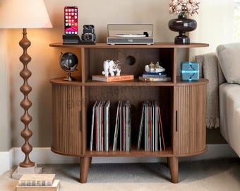 Mid-Century Modern Record Cabinet with Storage, Turntable Stand, USB Ports