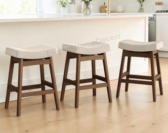 Set of 3 Farmhouse Saddle Seat Bar Stools, 24-Inch Wooden Kitchen Counter Stools
