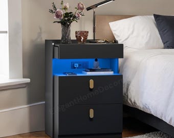 Modern LED Nightstand with Charging Station, Sliding Top Storage Drawer Table