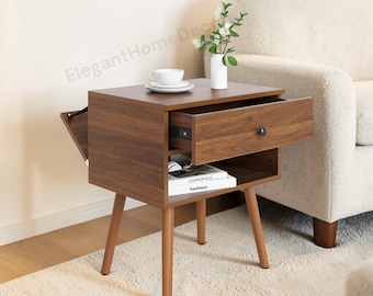 Mid-Century Modern Walnut Nightstand, Hidden Drawer Storage Table