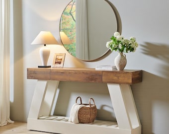 60" Farmhouse Console Table with Drawer – Rustic Entryway Sofa Table Storage Shelf