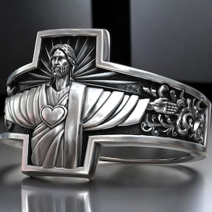 Jesus Christ Ring With Sacred Heart Cross Design, Handmade Catholic Jewelry For Men, Faith Symbol Band, Religious Gift 925 Silver