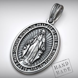 925K Silver Miraculous Medal Pendant, Virgin Mary Catholic Necklace, Handmade Religious Jewelry, Faith Gift For Her Or Mama, Oval Medal
