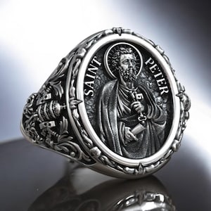 Saint Peter Apostle Ring With Keys Of Heaven, Handmade Christian Signet Jewelry For Men, Papal Inspired Faith Gift 925 Silver