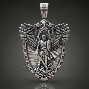 Saint Michael Archangel Pendant With Sword And Shield, Serpent Design Necklace, Religious Jewelry Gift For Him, Christian Protector Medal