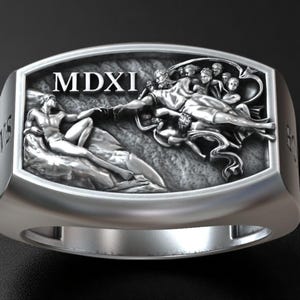 Creation of Adam Ring for Men – Handmade Signet with Michelangelo&#39;s Hand of God, Christian Renaissance Jewelry, Gold or Silver Gift for Him