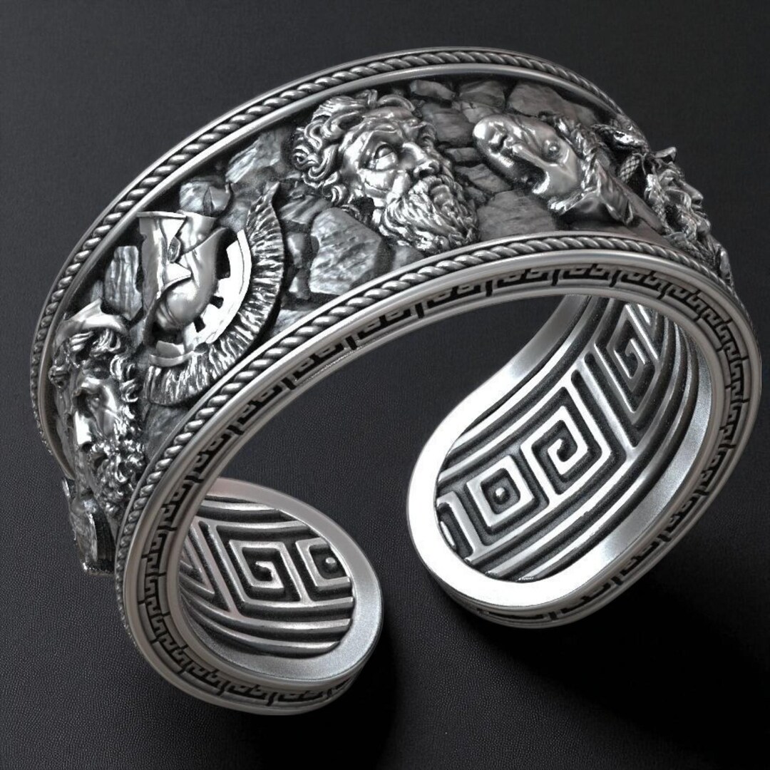 Ancient Greek Sterling Silver Ring - Adjustable With Statue and Meander ...