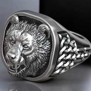 Nordic Bear Head Ring With Celtic Knotwork, Handmade Viking Totem Signet For Men, Norse Warrior Jewelry, Bold Gift Of Strength 925 Silver
