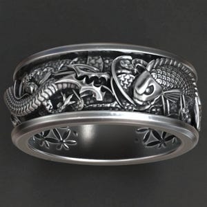 925K Silber Dragon Vs Koi Fisch Ring: Handgefertigtes Samurai Battal Band