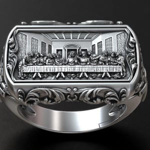 Jesus Last Supper Ring for Men – Christian Signet Jewelry with Sacred Bible Scene, Faith Statement Gift, Religious Easter Inspiration