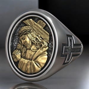Anillo de sello con corona de espinas y cruz, símbolo de la poderosa fe de Jesucristo, joyería para hombre, regalo cristiano hecho a mano, anillo de Pascua en plata 925