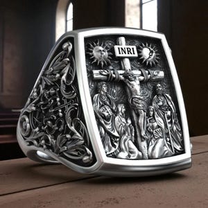 Handmade Jesus Crucifix Ring: Christian Signet, Catholic Jewelry