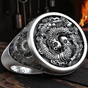 Chinese River Fish Ring: Oxidized Silver Yin Yang Signet