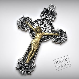 Sterling Silver Crucifix Pendant: Saint Benedict Medal, Catholic Gift