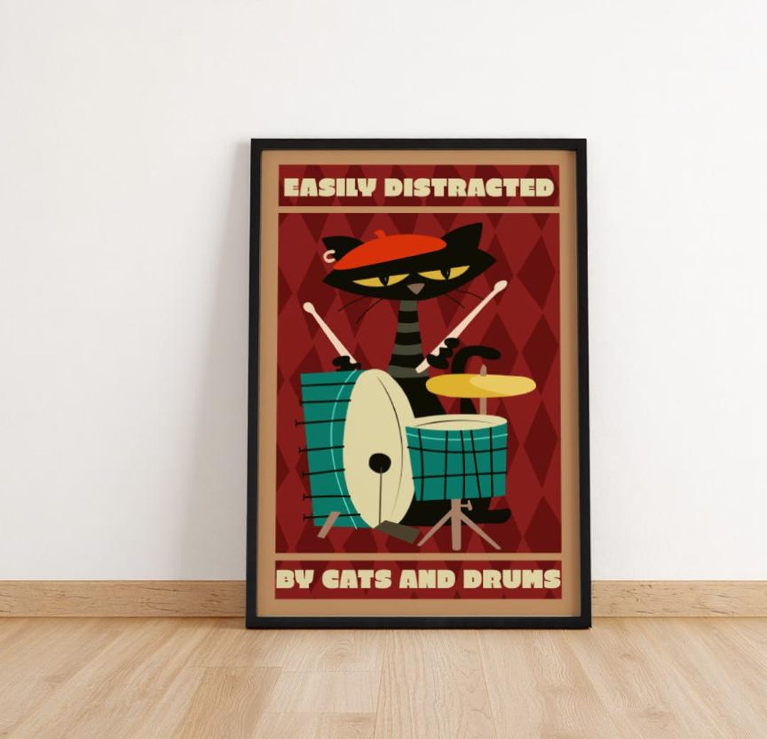 Jazz Kitten Drummer Poster, Bohemian Cat Art Print - Etsy
