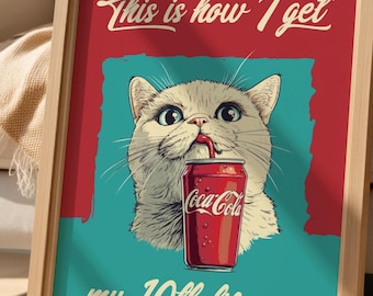Lámina artística de Coca-Cola de gato: Póster felino divertido (descarga digital)