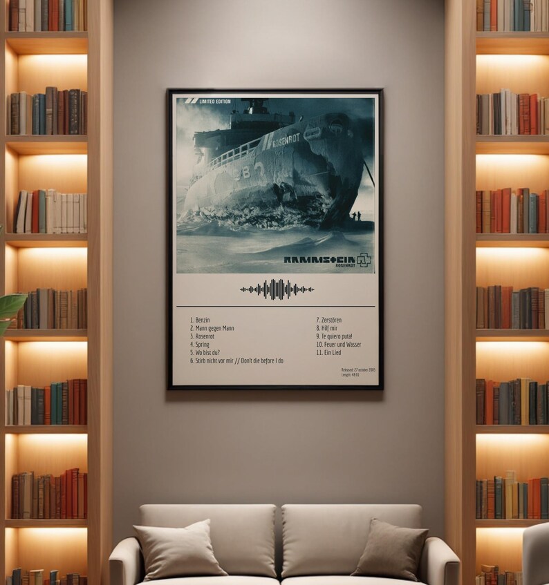 May include: A framed poster featuring a grayscale image of a ship in a snowy landscape. The poster includes the band name "Rammstein" and a list of song titles. The poster is labeled "Limited Edition".